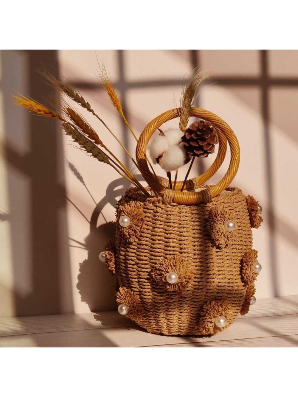 Chic Flower Pearls Rattan Tote Bag | Summer Beach Drawstring Straw Bucket Bag - Picture 10 of 10